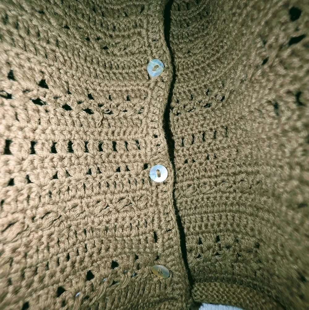 Vintage Claudia D Olive Crochet Cardigan Ramie Cotton Knit Top Large